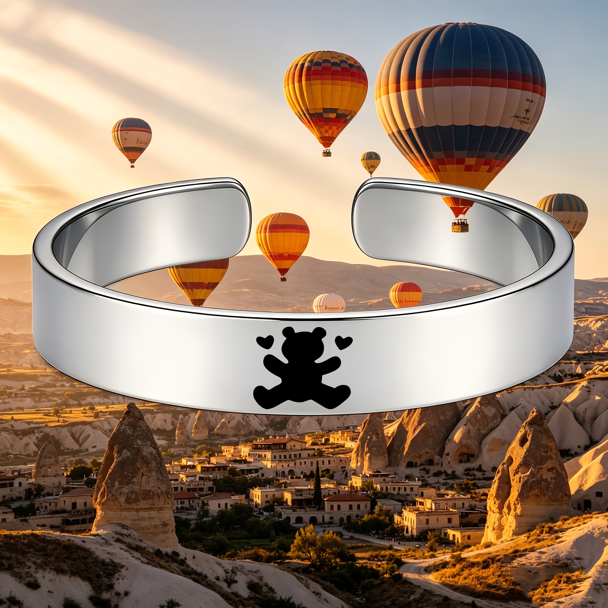 Cute Bear Silhouette Heart Design Stainless Steel Open Bangle, Gift
